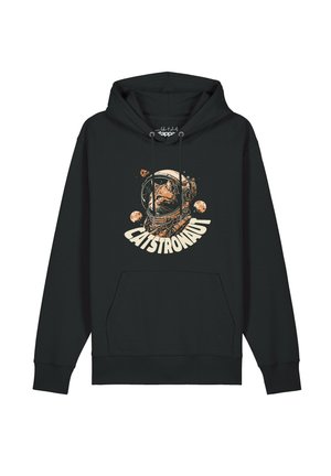 Schwarzer Hoodie mit Fronttasche, auf der eine Katze in einem Astronautenhelm und das Wort "CATSTRONAUT" von Planeten umgeben abgebildet sind.