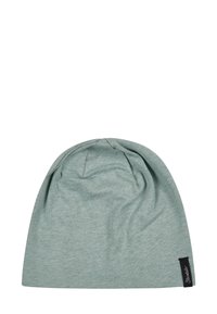 Light green beanie hat made of soft fabric, featuring a slouchy design and a small black label on the side with white text.