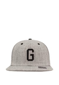 Grå stoff snapback caps med flat skjerm, som har en sort brodert "G"-logo foran og ventilasjonsventiler på toppen.