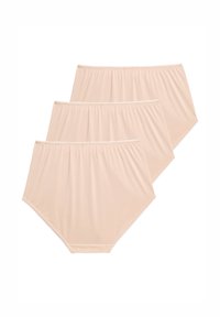 Beige høj talje undertøj lavet af glat stof med elastisk linning. Tre stykker vist, med stikninger ved benene.