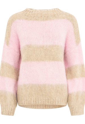 Grober Strickpullover mit breiten horizontalen beige- und rosa Streifen, langen Ärmeln sowie geripptem Rundhalsausschnitt, Bündchen und Saum.