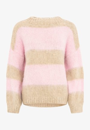 Grober Strickpullover mit breiten horizontalen beige- und rosa Streifen, langen Ärmeln sowie geripptem Rundhalsausschnitt, Bündchen und Saum.