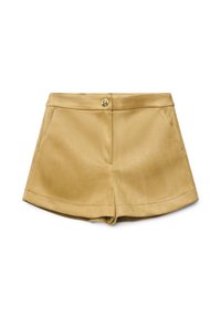 Khaki-Shorts mit glatter Textur, zwei vorderen Taschen, einem einzelnen goldenen Knopfverschluss und einem taillierten Bund.