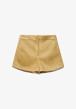 Khaki-Shorts mit glatter Textur, zwei vorderen Taschen, einem einzelnen goldenen Knopfverschluss und einem taillierten Bund.