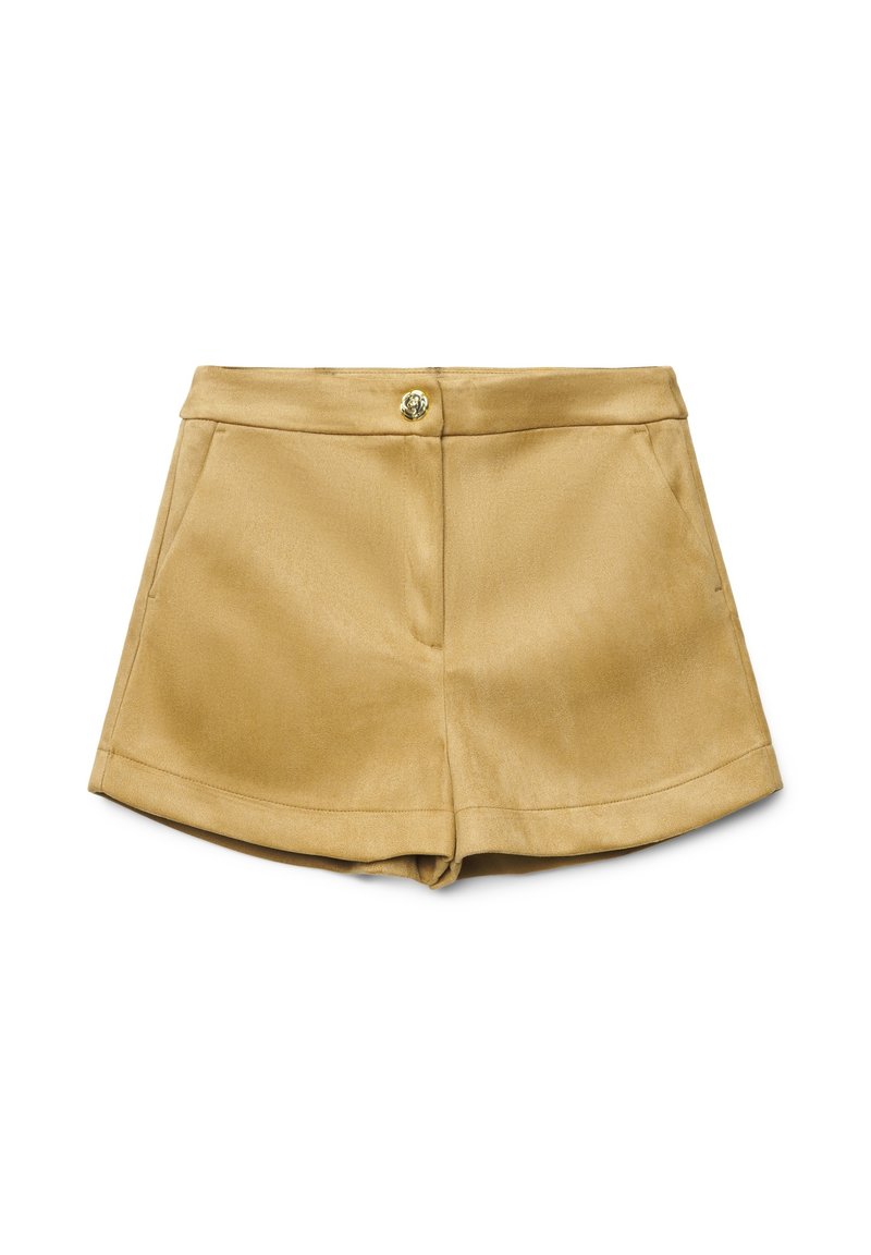 Khaki-Shorts mit glatter Textur, zwei vorderen Taschen, einem einzelnen goldenen Knopfverschluss und einem taillierten Bund.