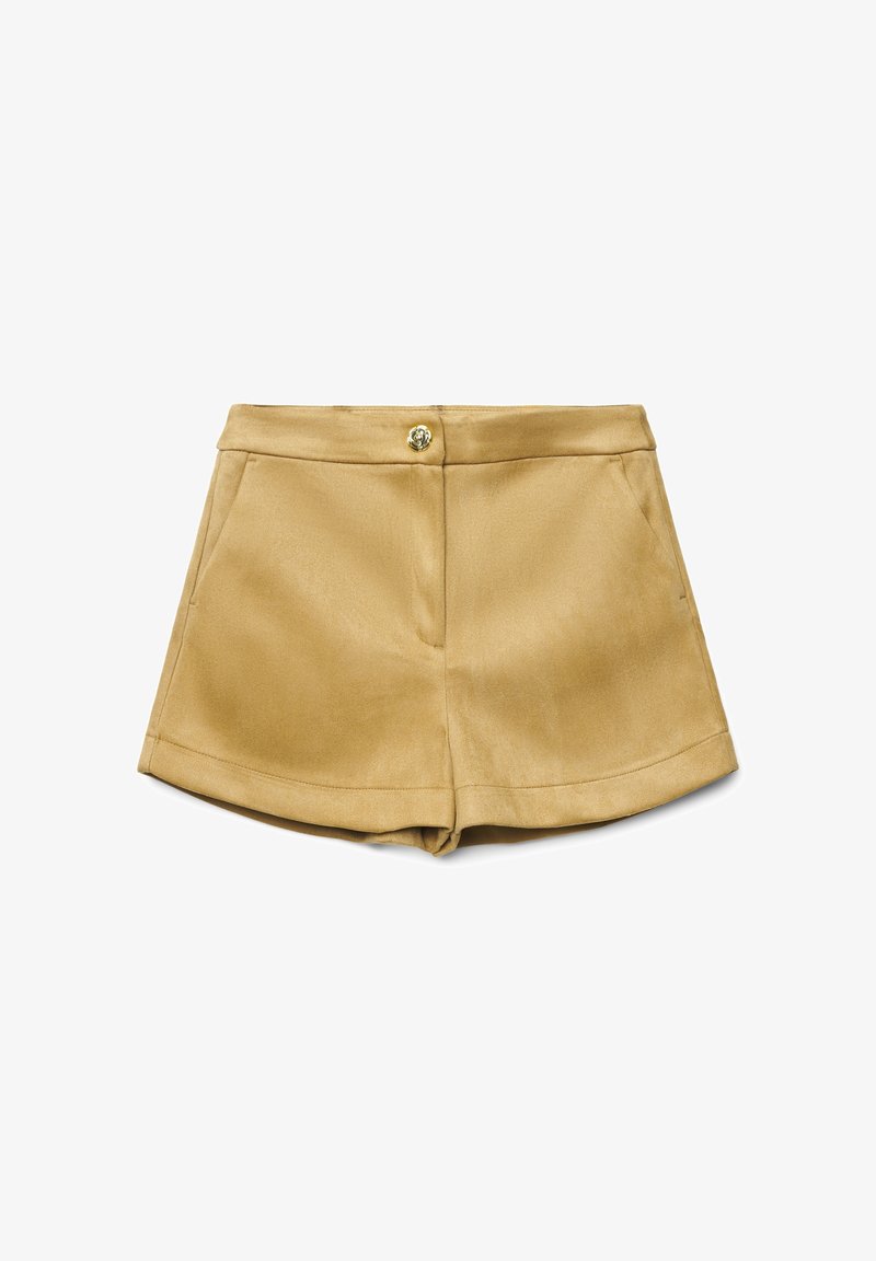 Khaki-Shorts mit glatter Textur, zwei vorderen Taschen, einem einzelnen goldenen Knopfverschluss und einem taillierten Bund.