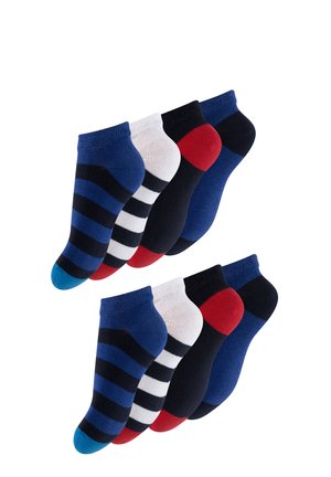 Navy blue ankle sock with a solid design. Features a black heel and toe, smooth texture, and a ribbed cuff for secure fit.