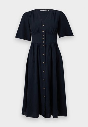 Schwarzes Midikleid mit kurzen ausgestellten Ärmeln, tailliertem Schnitt, V-Ausschnitt und vorderer Knopfleiste mit kleinen runden Knöpfen.