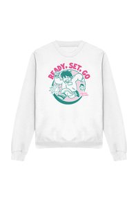 White sweatshirt featuring a colorful graphic with the text "READY, SET, GO" and an illustration of a running character.