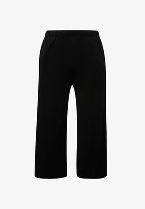 Sorte, brede bukser med elastisk talje. Lavet af et glat stof med en blød tekstur, uden synlige lommer eller pynt.