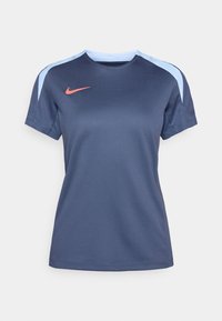Navy blue short-sleeve Nike sports t-shirt with light blue shoulder accents and a bright orange logo on the left chest. Breathable fabric.