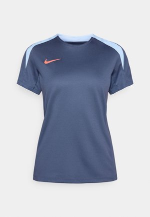Navy blue short-sleeve Nike sports t-shirt with light blue shoulder accents and a bright orange logo on the left chest. Breathable fabric.