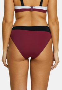 Bas de bikini bourgogne avec une taille noire. Caractérisé par une texture lisse et un design échancré pour un ajustement confortable.