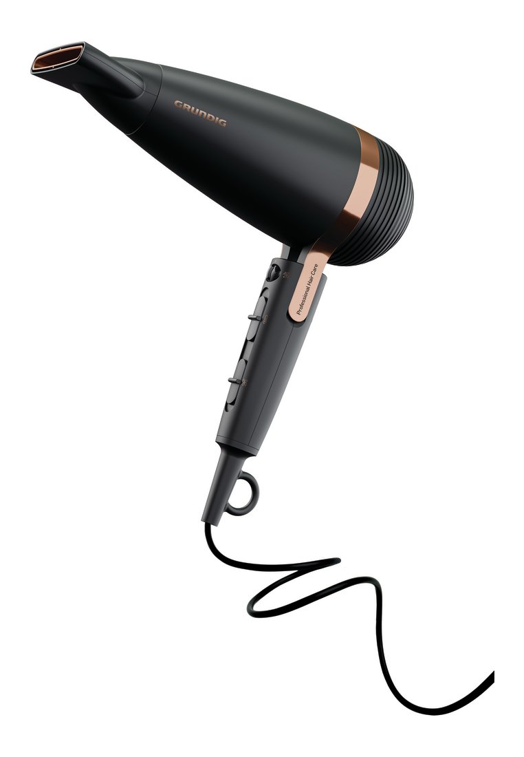 Sèche-cheveux noir avec un accent cuivré, design ergonomique, plusieurs réglages de chaleur et un long cordon d'alimentation. Il dispose d'un embout effilé pour le coiffage.