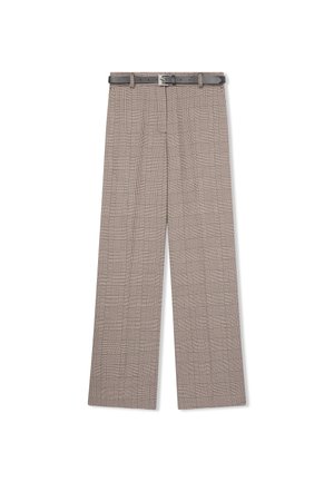 Pantaloni a quadri beige con vestibilità ampia. Tessuto testurizzato, caratterizzato da un discreto motivo a quadri. Include una cintura slim scura con fibbia argentata.