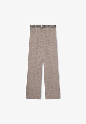 Pantaloni a quadri beige con vestibilità ampia. Tessuto testurizzato, caratterizzato da un discreto motivo a quadri. Include una cintura slim scura con fibbia argentata.