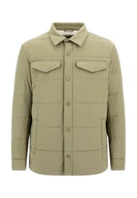 Olivengrøn polstret jakke med knaplukning foran, to brystlommer og et logo. Har en krave og syning i paneldesign.