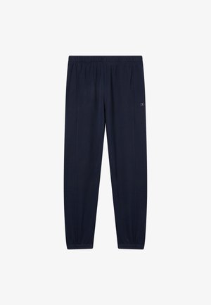 Marineblauwe sportbroek met elastische tailleband en boorden, subtiel logo op de linker bovenbenen, rechte pijp.