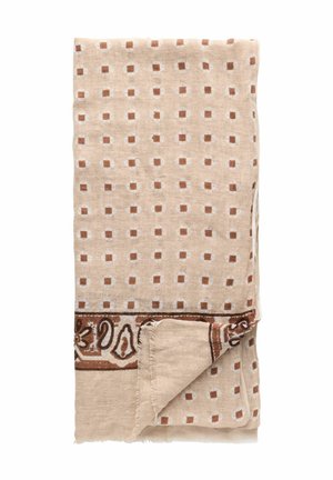 Beige stof foldet, mønstret med små brune og hvide firkanter, med en dekorativ brun kant med paisley og blomsterdesigns.