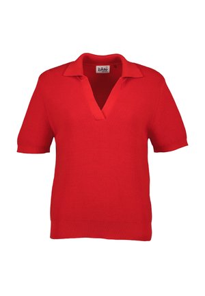 Rode gebreide polo shirt met korte mouwen, voorzien van een V-hals en een ribbeltextuur, met een effen kleur en strakke lijnen.