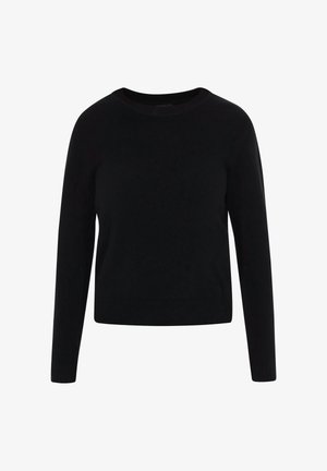 Czarny sweter z długimi rękawami, okrągłym dekoltem i prążkowanym zakończeniem. Wykonany z gładkiego materiału o dopasowanym kroju i bez widocznych wzorów.