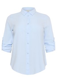 Chemise bleu clair à manches longues, boutonnée, manches retroussées et col classique.