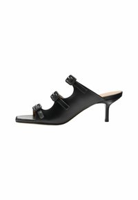 Zwarte leren open-teen mules met hakken, voorzien van drie verstelbare gesps, een elegante uitstraling en een 7 cm stilettohak.