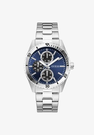 Orologio da polso in acciaio inossidabile con quadrante blu, tre quadranti secondari per giorno, data e orario di 24 ore, con indici e lancette argentati.