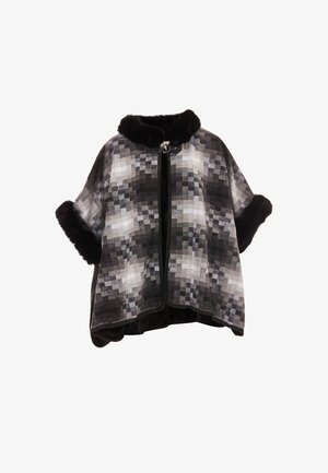 Černý a šedý vzorovaný plášť s měkkým umělým kožešinovým límcem a manžetami, s předním zipem a volnějším střihem.