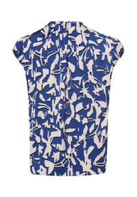 Niebieska bluzka z krótkim rękawem z białym abstrakcyjnym wzorem, z marszczonym dekoltem i luźnym krojem. Gładka tekstura z opadającym fasonem.
