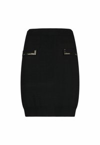 Črna minikratka krila z oblikovano zasnovo. Ima kvadratne žebljičke na žepih. Gladek tekstura in oprijeta oblika. Elastičen pas.