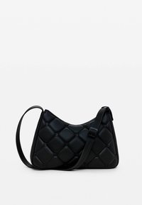 Black leather shoulder bag with a quilted design, featuring a crossbody strap, rounded shape, and zipper closure. Smooth texture and subtle accents.
