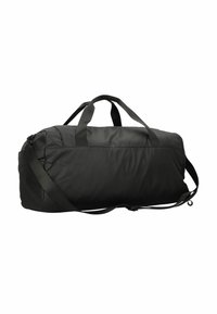 Sac de sport noir en tissu durable, doté de poignées de transport doubles, d'une bandoulière réglable et d'une texture lisse et légèrement brillante.