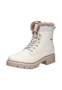 Botas de tobillo blancas de cuero con cordones, con cuello de piel sintética, suela de goma beige y herrajes metálicos. Superficie texturizada con costuras decorativas.