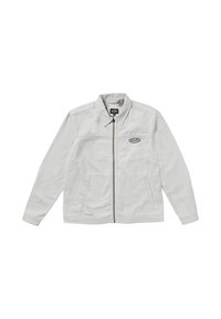 Light gray zip-up jacket with a collared neckline, two front pockets, and embroidered logo on the chest. Cotton material, smooth texture.