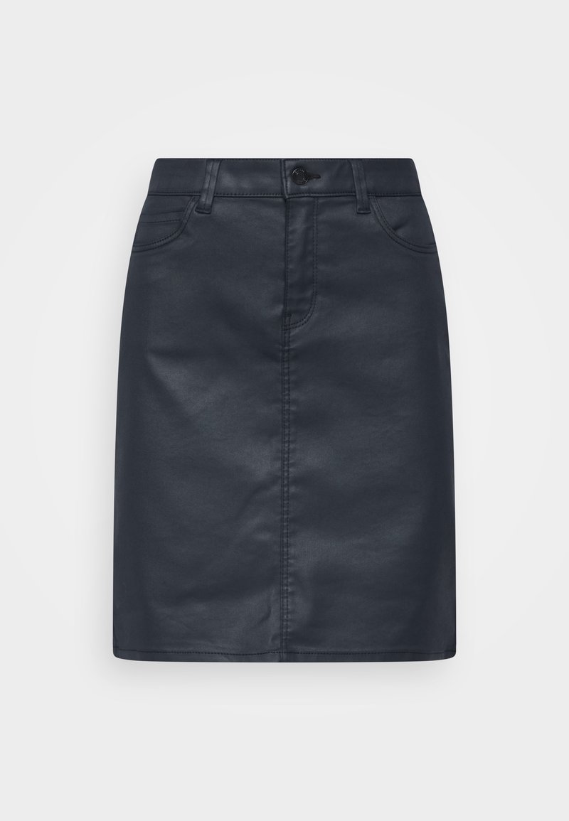 Jupe noire imitation cuir longueur genou avec bouton frontal et fermeture éclair, passants de ceinture, et deux poches avant.