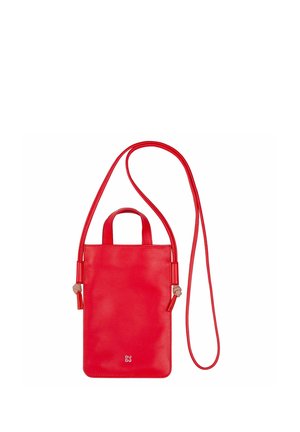 Red leather crossbody bag with a rectangular shape, two short handles, and an adjustable strap. Features smooth texture and subtle branding.