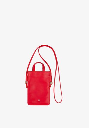 Red leather crossbody bag with a rectangular shape, two short handles, and an adjustable strap. Features smooth texture and subtle branding.