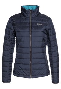 Marinblå pufferjacka med ståkrage, horisontellt quiltat mönster, framdragkedja och kontrasterande teal-fodring. Varumärkeslogga på bröstet.