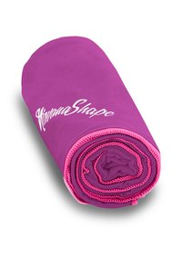 Gerollte lila Yogamatte mit pinkfarbenen Akzenten. Verfügt über eine glatte Textur und das weiße Logo "HavanaShape". Nähte sind an den Kanten sichtbar.