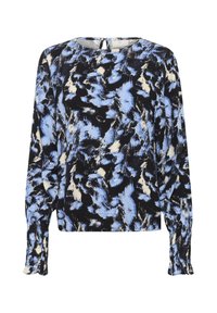 Blusa a maniche lunghe con un motivo astratto in blu, nero e bianco. Tessuto morbido con polsini arricciati e chiusura a occhiello sul retro.