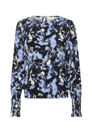 Bluzka z długim rękawem z niebieskim, czarnym i białym abstrakcyjnym wzorem. Gładki materiał z marszczonymi mankietami i zapięciem na guziczek na plecach.