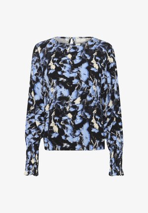 Blúzka s dlhým rukávom so modro-čierno-bielym abstraktným vzorom. Hladká tkanina so zberanými manžetami a zapínaním na kľúčik na chrbte.