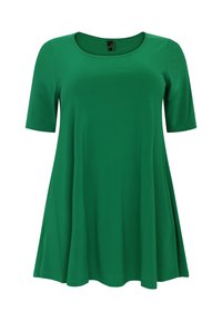 Groene tuniektop met korte mouwen, gemaakt van een zachte, gladde stof. Het heeft een ronde halslijn en een uitlopende onderrand, met een ontspannen pasvorm en zonder patronen.