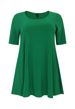 Grøn kortærmet tunika lavet af blødt, glat stof med rund udskæring og flared kant, der har et afslappet fit og ingen mønstre.