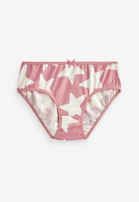 Culottes en coton rose avec un motif d'étoiles blanches, taille solide avec un petit nœud en accent, et texture lisse.
