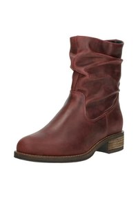 Red leather ankle boot with a slouchy design, rounded toe, and stacked wooden heel, featuring subtle stitching details.