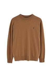 Brunstickad tröja med rund halsringning, långa ärmar och ribbade muddar. Har en liten mörk logotyp på vänster bröst. Mjuk textur.