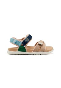 Sandal multicolore avec une base beige, des lanières bleues, vertes et navy, et un dessus en tissu texturé. Semelle en caoutchouc blanche pour une meilleure traction.