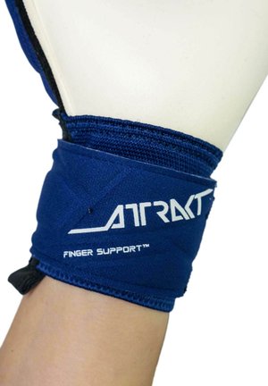 Blue finger support brace with white "ATRAKT FINGER SUPPORT" text wrapped around a wrist, showing stitching and fastening details.